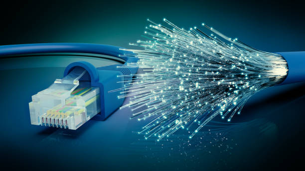 Network cable and optic fibre cable connection, 3D rendering